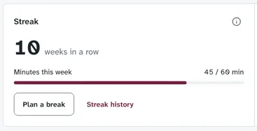 The streak measure: 10 weeks in a row, with 45 of 60 minutes logged this week — sample data.
