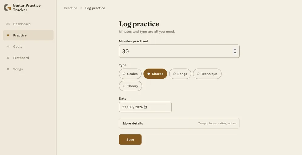 The quick-log form for recording a practice session, with 30 minutes practised already entered and Chords selected as the type.