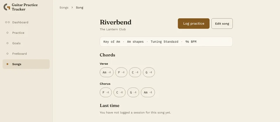 A fictional song's practice view (sample data) showing its key, capo, and tuning, and a sectioned chord progression split into a verse and a chorus.