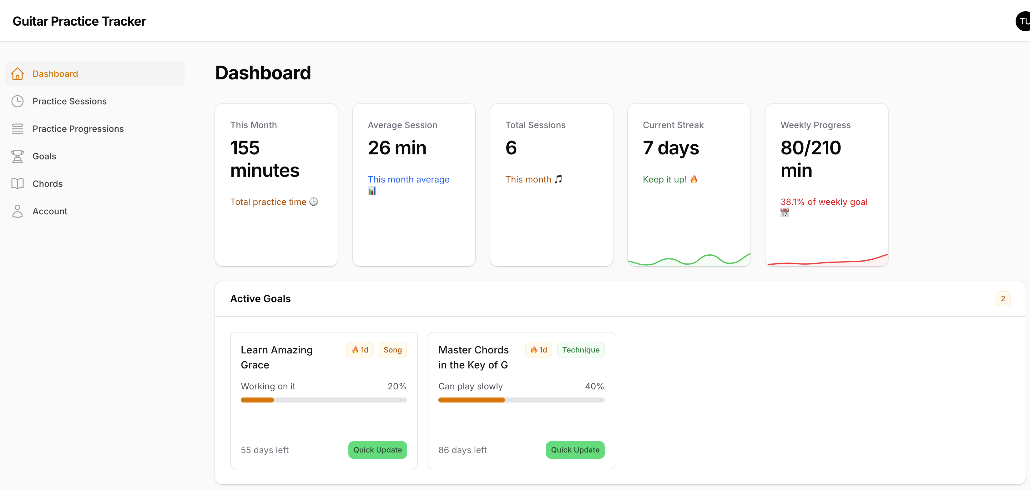 Guitar Practice Tracker Dashboard